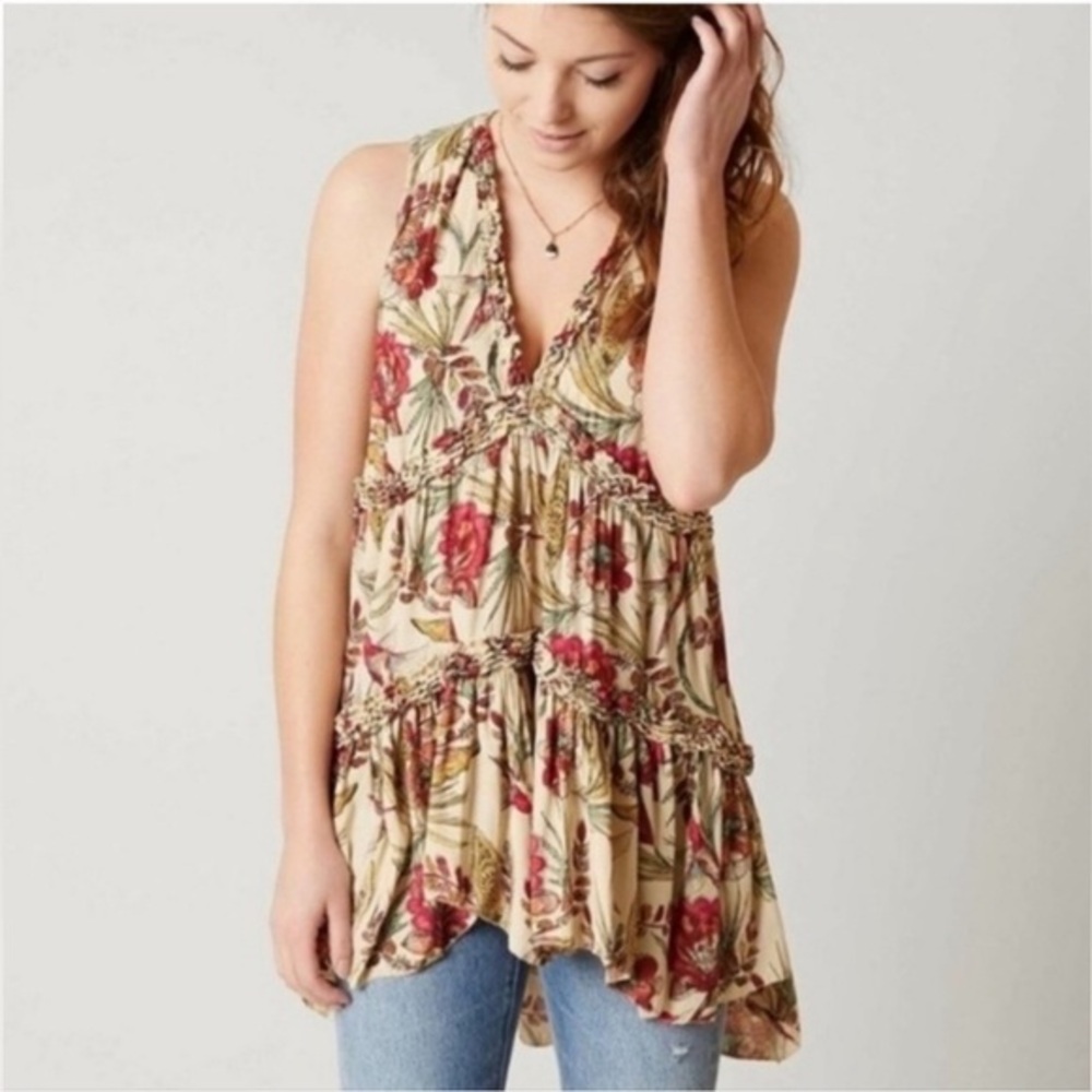 NWOT Free People Haze XS Tiered Tunic Tank Top Blouse Floral New $88 retail